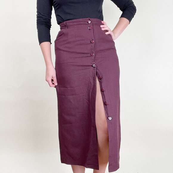 Vintage 100% Silk Midi Skirt Column Straight Cut Slit High Rise Waist Button Up - Picture 1 of 7